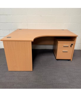 Beech Left Handed Corner Desk and Pedestal Set 1600- Panel End