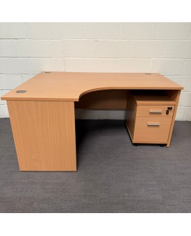 Beech Left Handed Corner Desk and Pedestal Set 1600- Panel End