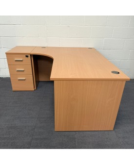 Beech Left Handed Corner Desk and Pedestal Set 1600- Panel End