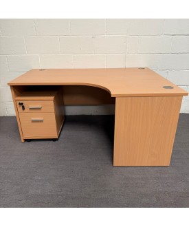 Beech Right Handed Corner Desk and Pedestal Set- 1600- Panel End