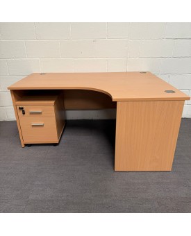 Beech Right Handed Corner Desk and Pedestal Set- 1600- Panel End