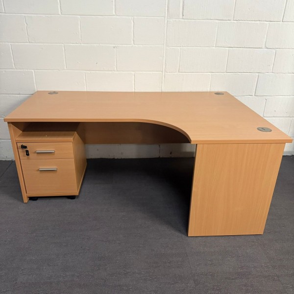 Beech Right Handed Corner Desk and Pedestal set- 1800- Panel End