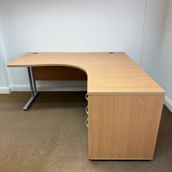 Beech Right Handed Corner Desk and Pedestal Set - 1600mm