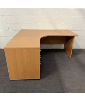 Beech Left Handed Corner Desk and Pedestal Set Panel End- 1600mm