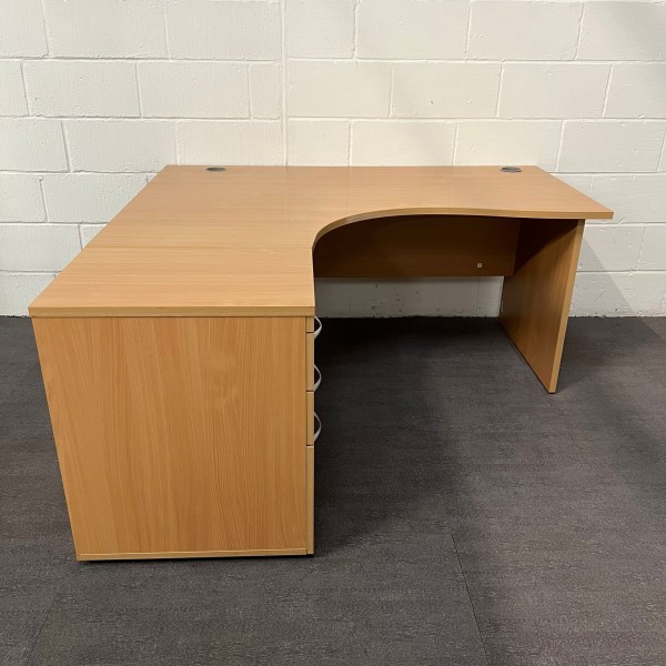 Beech Left Handed Corner Desk and Pedestal Set Panel End- 1600mm