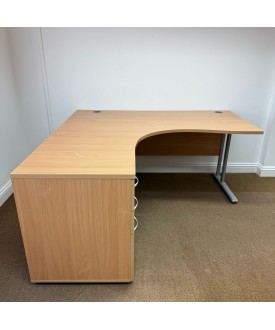 Beech Left Handed Corner Desk and Pedestal Set - 1500mm
