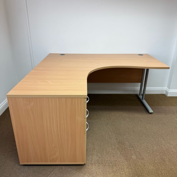 Beech Left Handed Corner Desk and Pedestal Set - 1500mm