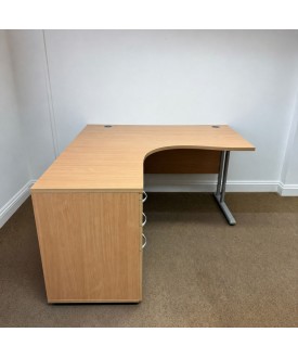 Beech Left Handed Corner Desk and Pedestal Set - 1400mm