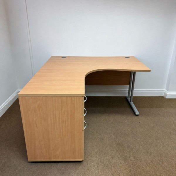 Beech Left Handed Corner Desk and Pedestal Set - 1400mm