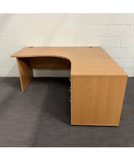 Beech Right Handed Corner Desk and Pedestal Set Panel End - 1600mm
