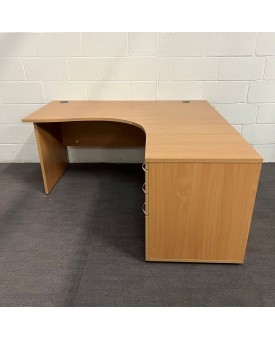 Beech Right Handed Corner Desk and Pedestal Set Panel End - 1600mm