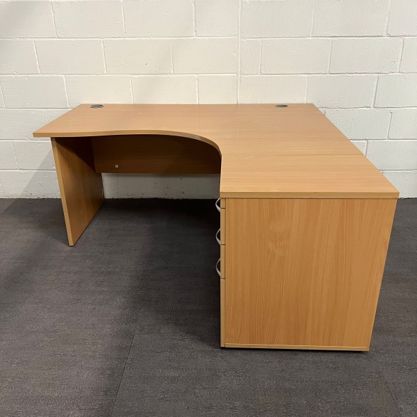 Beech Right Handed Corner Desk and Pedestal Set Panel End - 1600mm