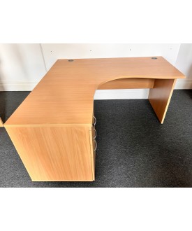 Beech Left Handed Corner Desk and Pedestal Set 1600mm- Panel End