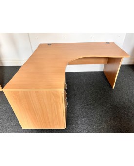 Beech Left Handed Corner Desk and Pedestal Set 1600mm- Panel End