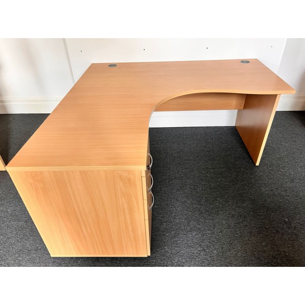 Beech Left Handed Corner Desk and Pedestal Set 1600mm- Panel End