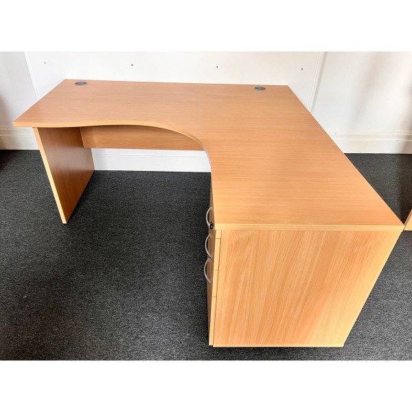 Beech Right Handed Corner Desk and Pedestal Set 1600mm- Panel End