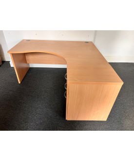 Beech Right Handed Corner Desk and Pedestal Set 1600mm- Panel End Grade B