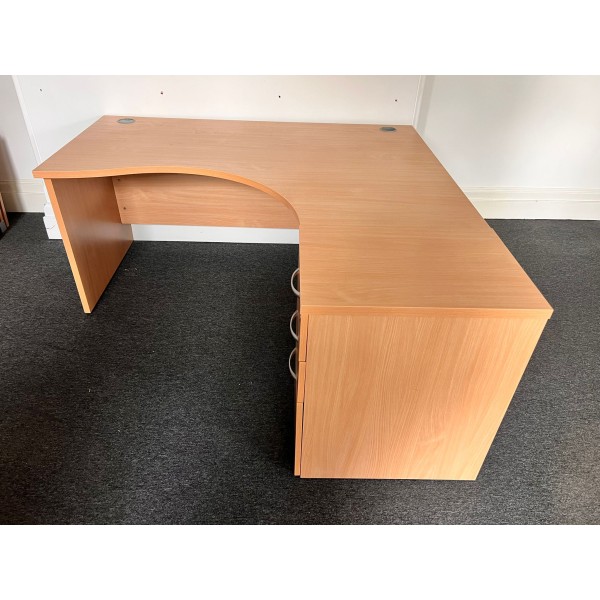Beech Right Handed Corner Desk and Pedestal Set 1600mm- Panel End Grade B