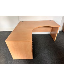 Beech Left Handed Corner Desk and Pedestal Set 1600mm- Panel End