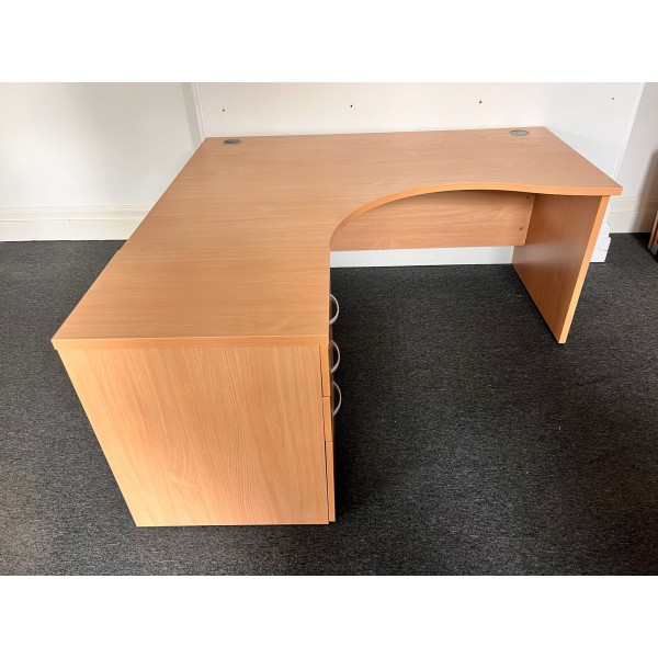 Beech Left Handed Corner Desk and Pedestal Set 1600mm- Panel End