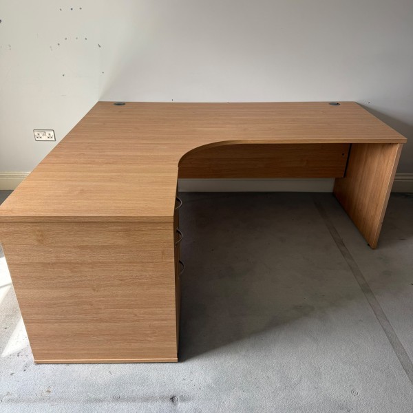 Oak Left Handed Corner Desk Set with Pedestal - 1800mm
