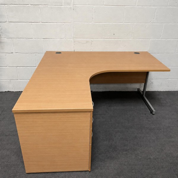 Beech Left Handed Corner Desk and Pedestal Set 1600mm- Cantilever