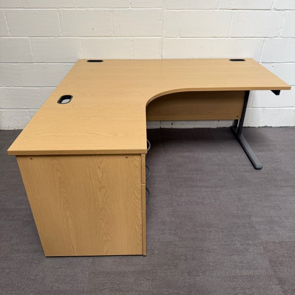 Oak Left Handed Corner Desk Set with Pedestal- 1600mm - Grade B