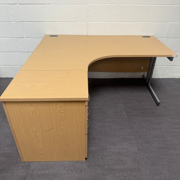 Oak Left Handed Corner Desk Set with Pedestal- 1600mm