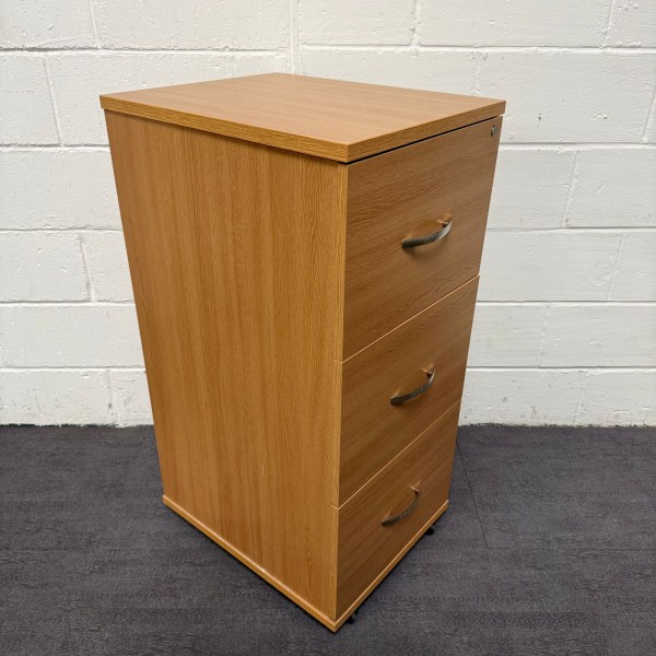 Oak 3 Drawer Filing Cabinet on Wheels