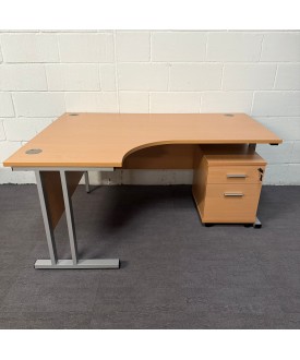 Beech Left Handed Corner Desk and Pedestal Set 1600- Cantilever