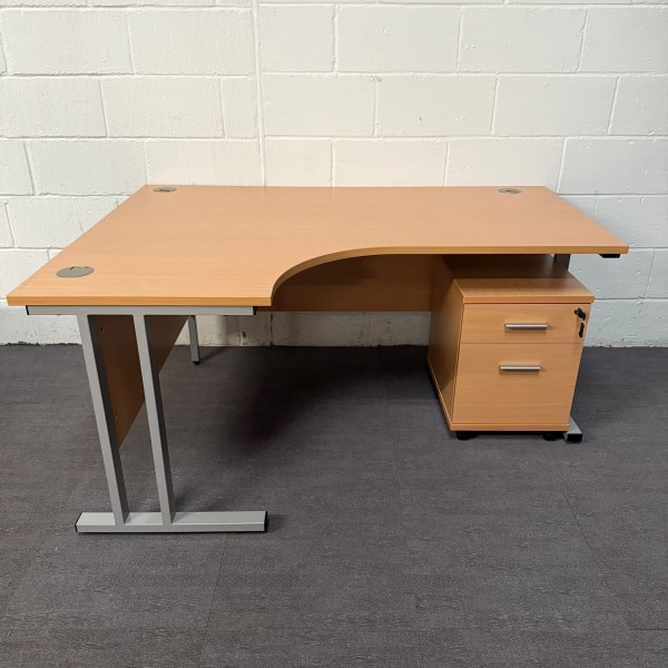 Beech Left Handed Corner Desk and Pedestal Set 1800- Cantilever