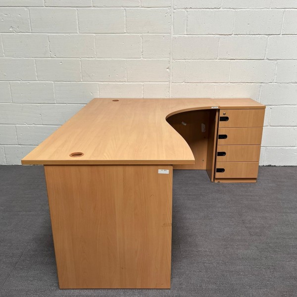 Beech right handed corner desk and desk high pedestal- 1800 x 1200 