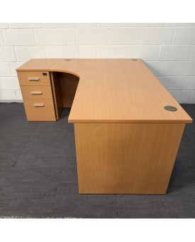 Beech Left Handed Corner Desk and Pedestal Set- 1800- Panel End Beech Left Handed Corner Desk and Pedestal Set- 1800- Panel End