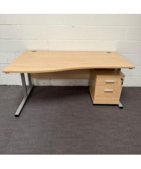 Maple Left Handed Wave Desk and Pedestal Set- 1600- Cantilever