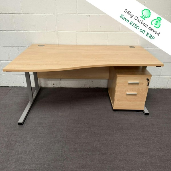 Maple Left Handed Wave Desk and Pedestal Set- 1600- Cantilever